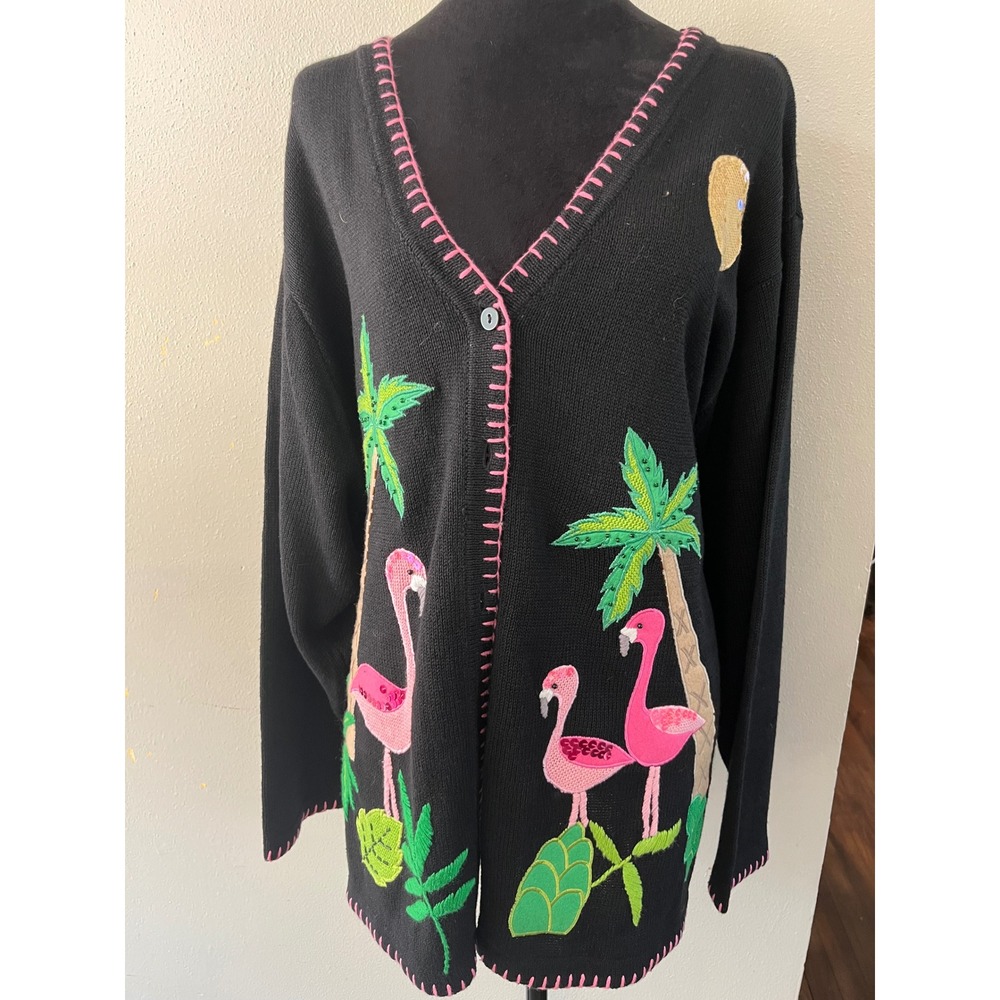 THE QUACKER FACTORY Cardigan Flamingo Tropical Women 1X Black Kitschy Retro